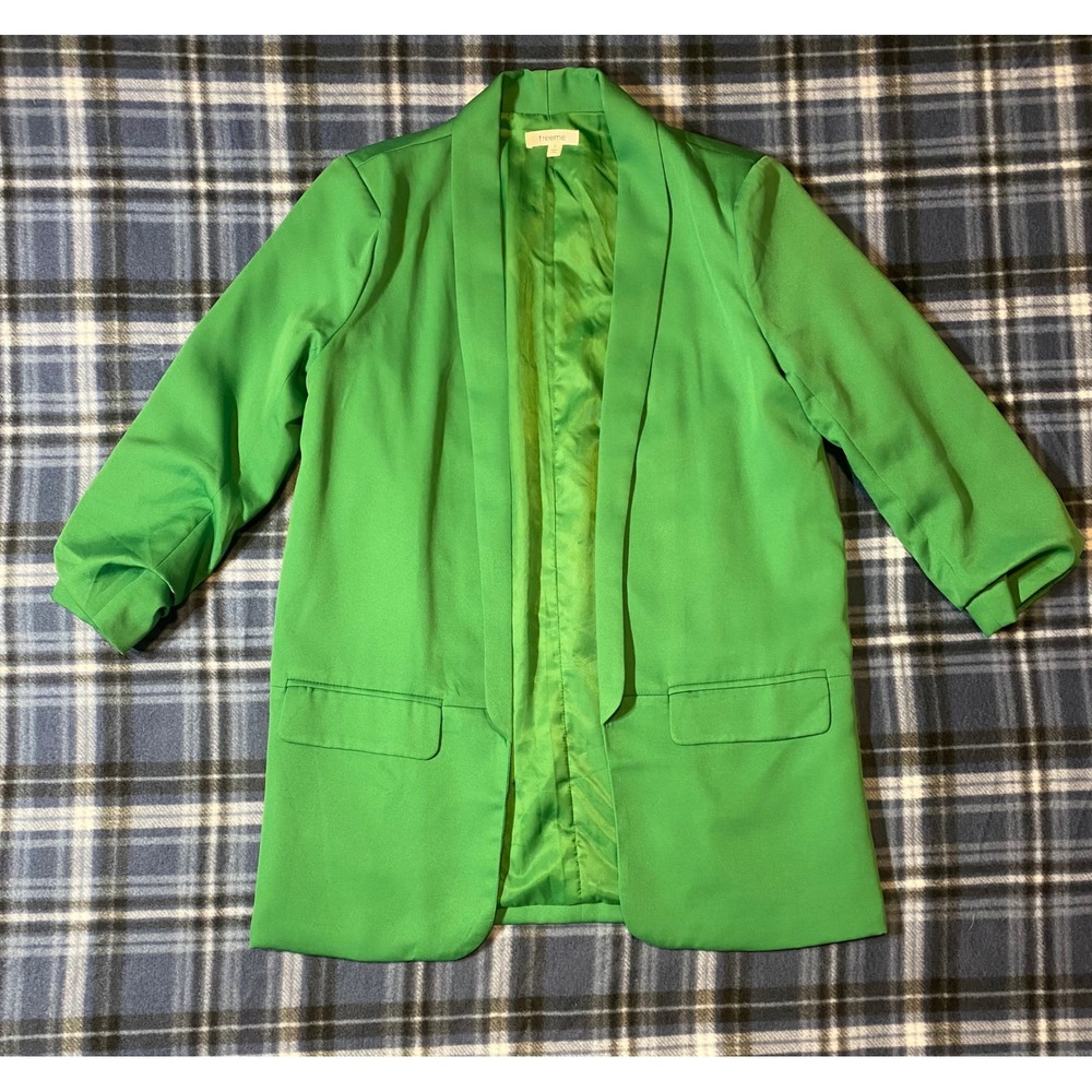 Freeme Womens‎ Green Ruched 3/4 Sleeve Open Front Blazer Jacket FRJ1258W Small